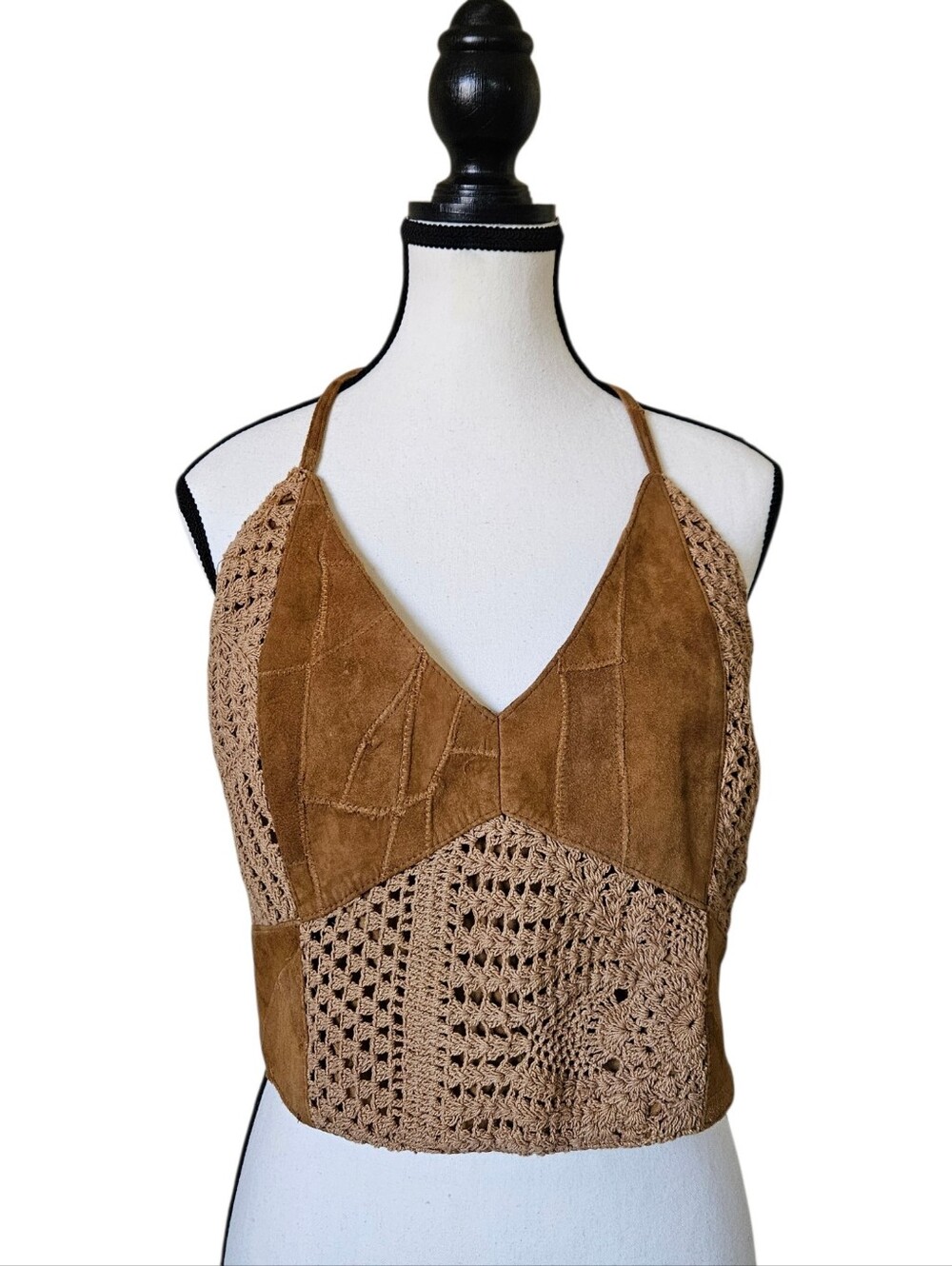 Vintage Bohemian Patchwork Design Textured Suede Leather & Crochet Halter Lrg